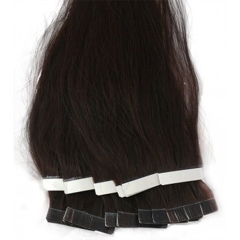 Nejtmavší hnědé vlasy k prodloužení - Tape-in REMY proužky, 50 cm (002), 20 ks