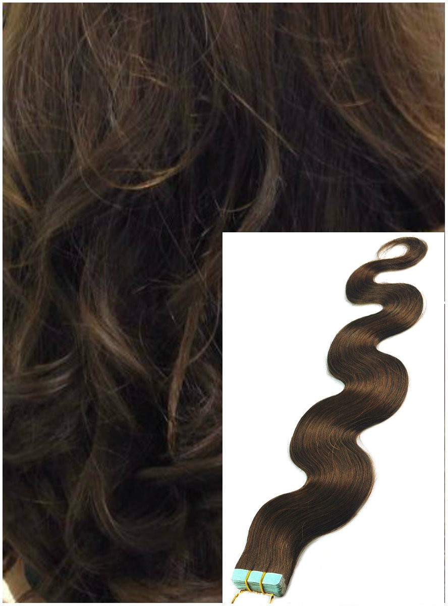 Vlnité vlasy k prodloužení tape in, 60 cm, 40 ks - STŘEDNĚ HNĚDÉ